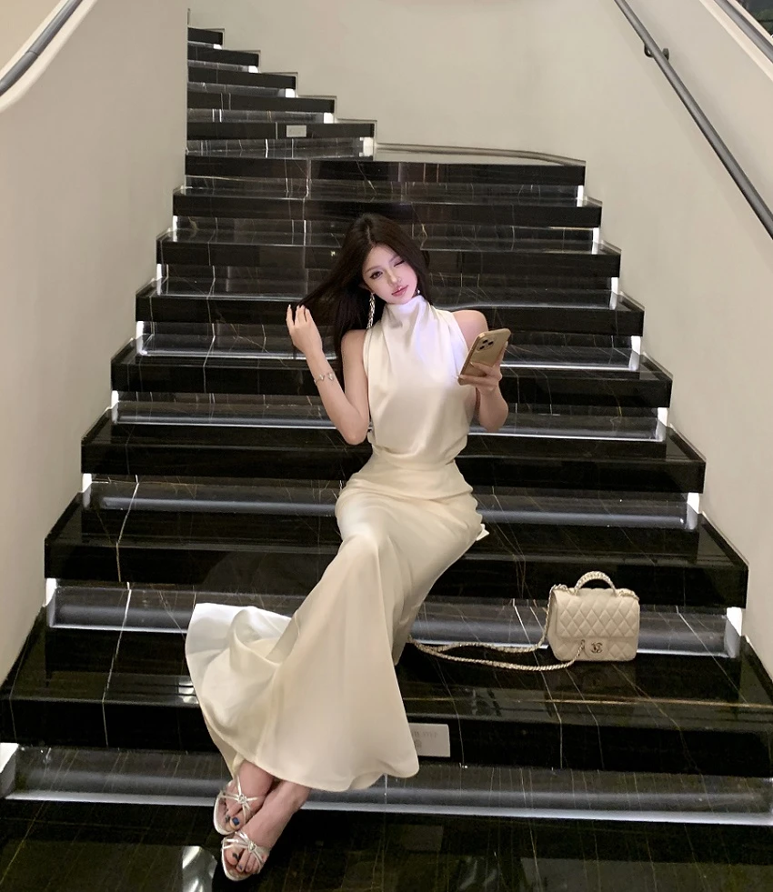 2025夏季新款纯欲性感米色露背飘带背心+长款鱼尾半身裙两件套女