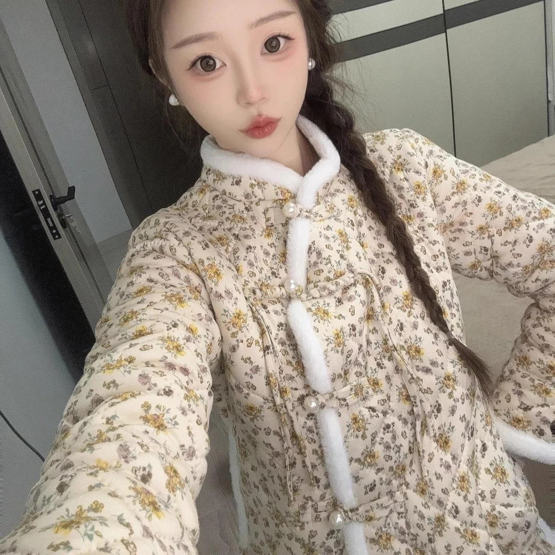 新款冬季珍珠斜扣碎花棉袄东北网红保暖棉衣外套女装加厚复古棉服