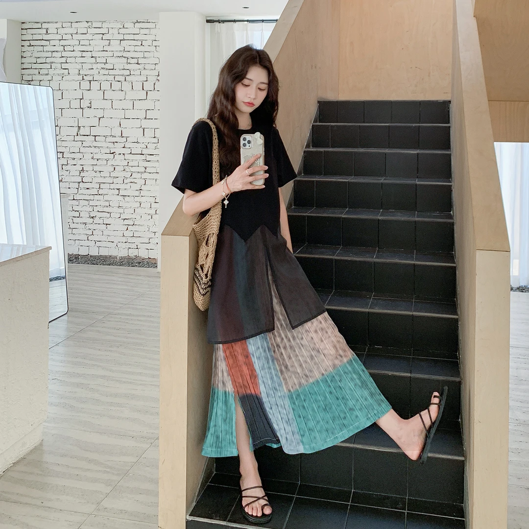 上衣时尚套装格子套装拼接休闲气质半身裙韩版2025夏季新款套装女