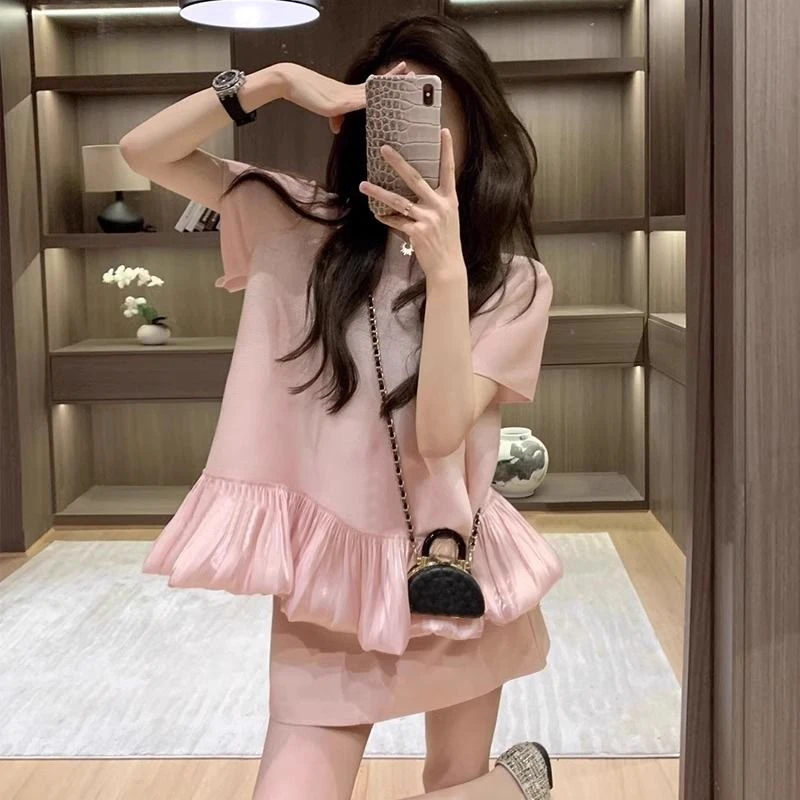 时尚套装初夏独特超好看上衣+半身裙法式减龄小个子褶皱两件套