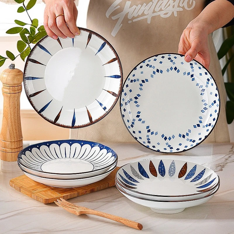 【孟垣】新中式8英寸饭盘4个颜色随机陶瓷釉下彩菜碟子创意饭盘ins