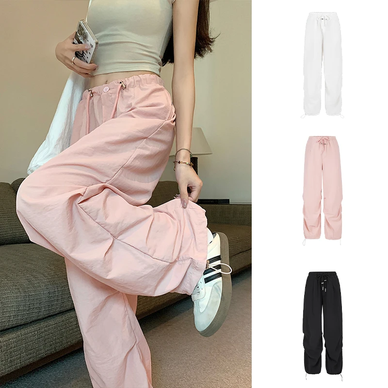 Moses Queen/魔西女王粉色降落伞美式工装裤百搭薄款休闲裤阔腿裤