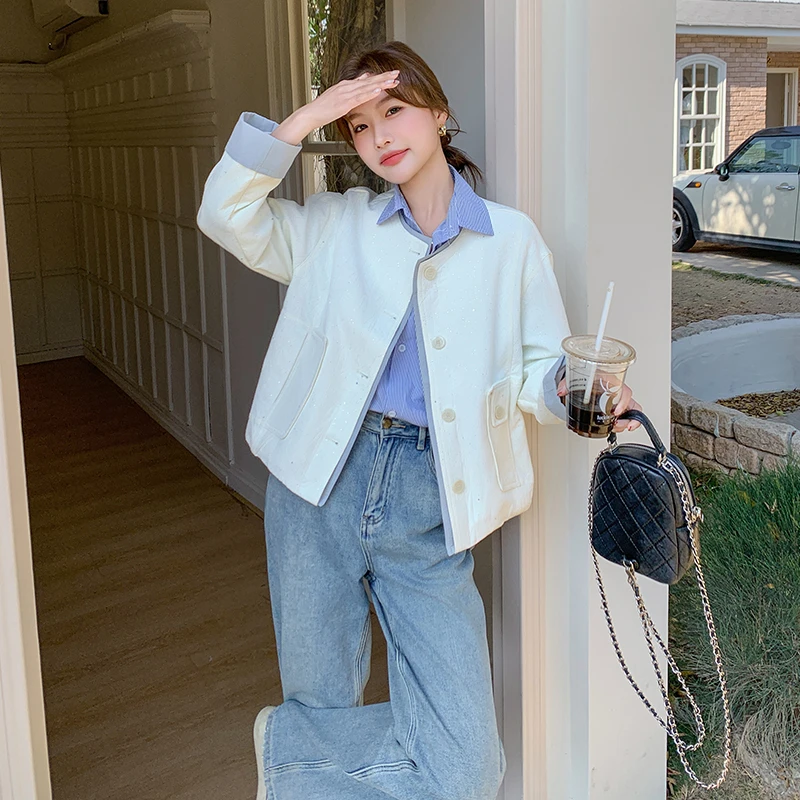 米白色设计感拼接休闲短外套女2025春季新款超好看小个子夹克上衣