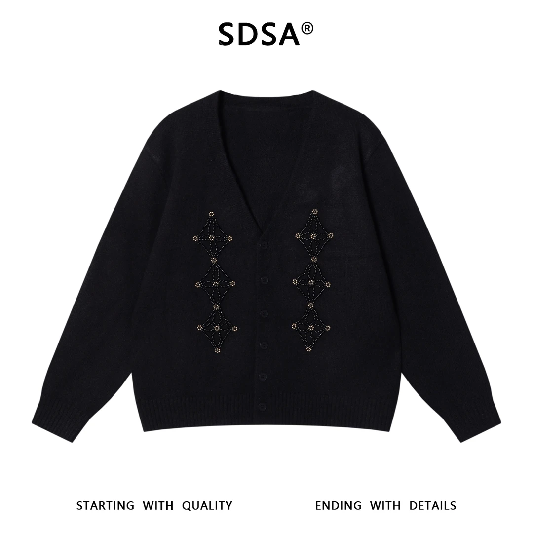 SDSA男士秋冬新款痞帅男装潮牌立体珠子V领开衫针织衫百搭毛衣