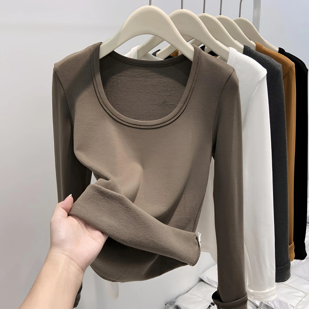上身美爆了~2026秋冬新款U领薄绒磨毛长袖打底衫女露锁骨t恤上衣