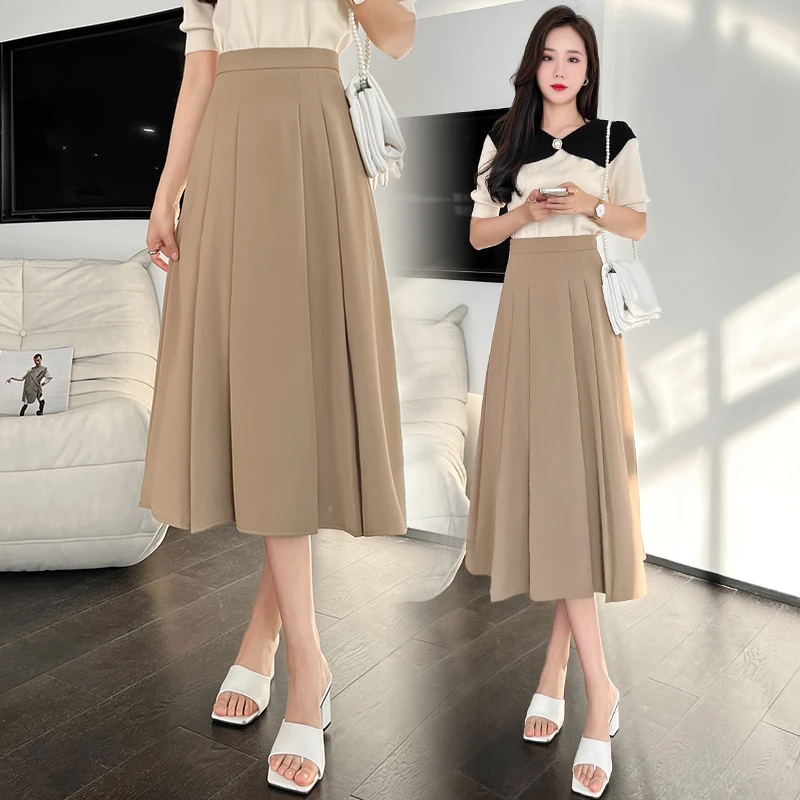 高腰法式褶皱半身裙中长款裙高腰A字大摆裙过膝西装伞裙百褶长裙