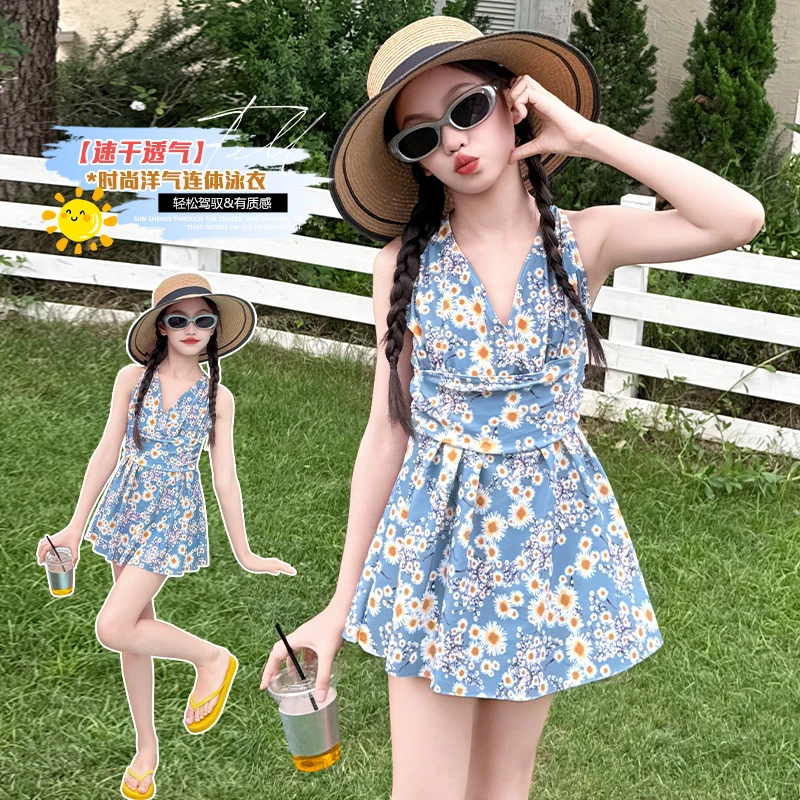 儿童泳衣女孩大童夏季新款裙式分体女童公主超仙平角裤洋气泳装潮