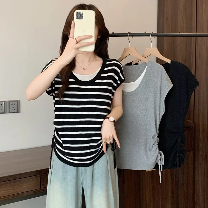 微胖大码女装洋气圆领拼接撞色假两件设计感薄款冰爽丝短袖针织衫