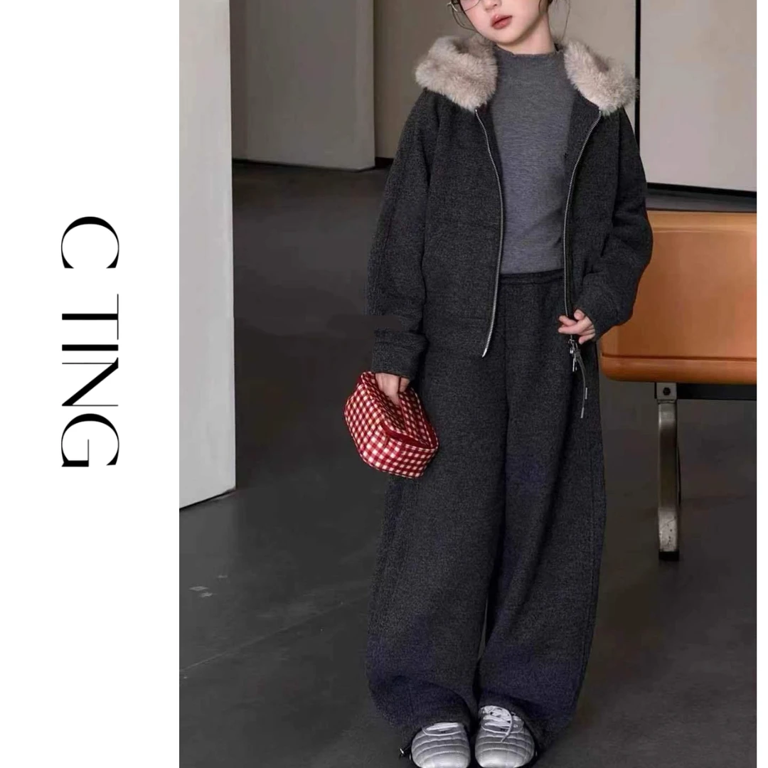 C TING新款韩版亲子装童装女童高端年款毛领宽松羊毛毛呢套装5736