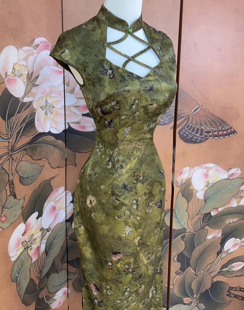 秋辞香~绿松石 镂空设计改良镂空短袖中长款国风新中式旗袍连衣裙