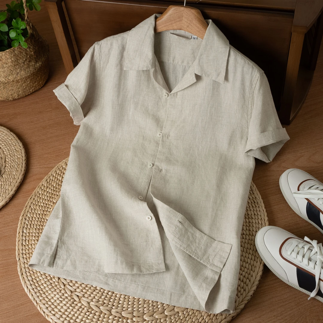 麻尚生活亚麻衬衫休闲男士百搭纯色古巴领简约短袖宽松透气衬衣