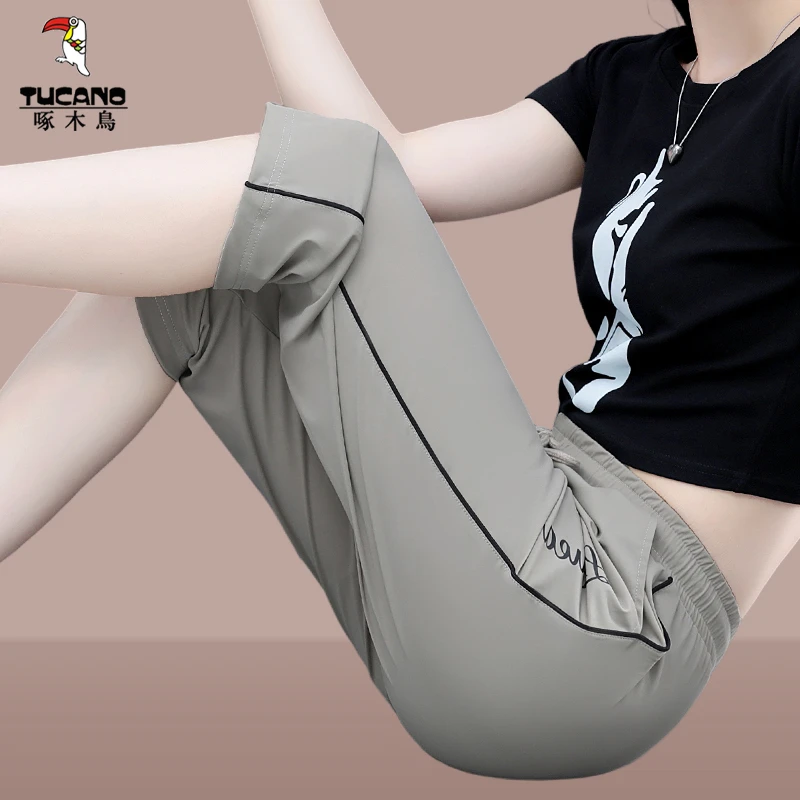 啄木鸟冰丝休闲裤女夏季薄款2025新款七分裤速干透气女裤高腰中裤