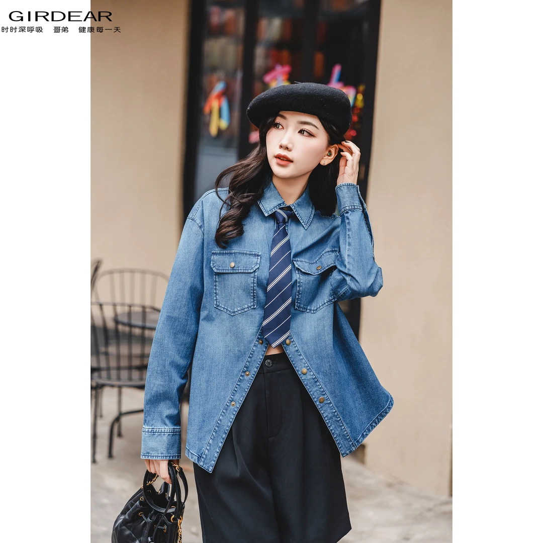 GIRDEAR/哥弟质感百搭时尚舒适口袋不规则牛仔衬衫外套女1300614