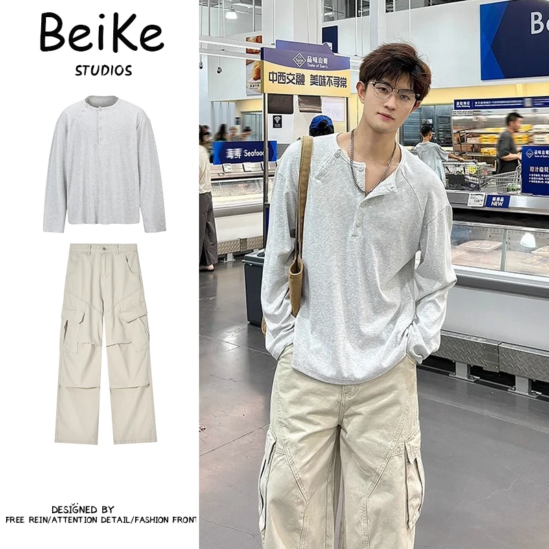 两件装/美式复古亨利领长袖T恤男宽松休闲百搭纯色打底衫套装男装
