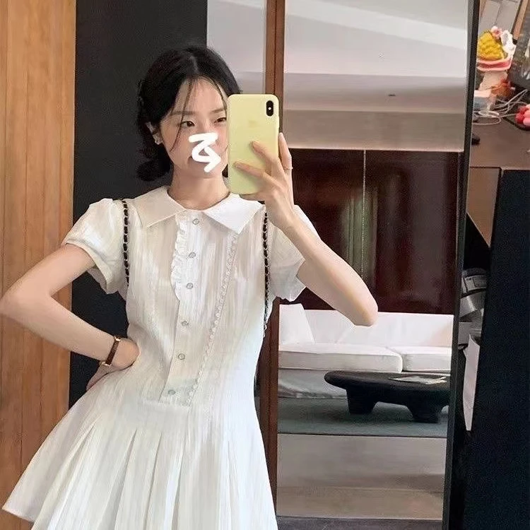 学院风甜美气质衬衫连衣裙女夏季收腰小个子设计感翻领泡泡袖短裙