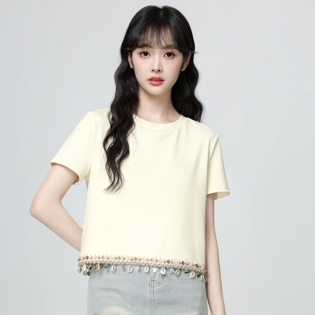杏色圆领短袖T恤女夏2025夏季新款设计感流苏拼接体恤正肩短上衣