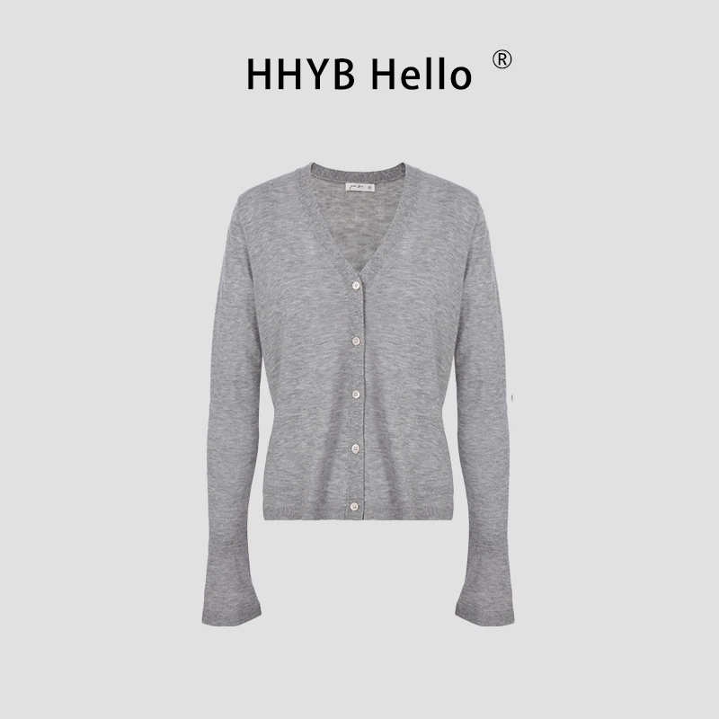 HHYB Hello超细羊毛V领长袖薄款针织空调衫开衫纯色百搭上衣M1181