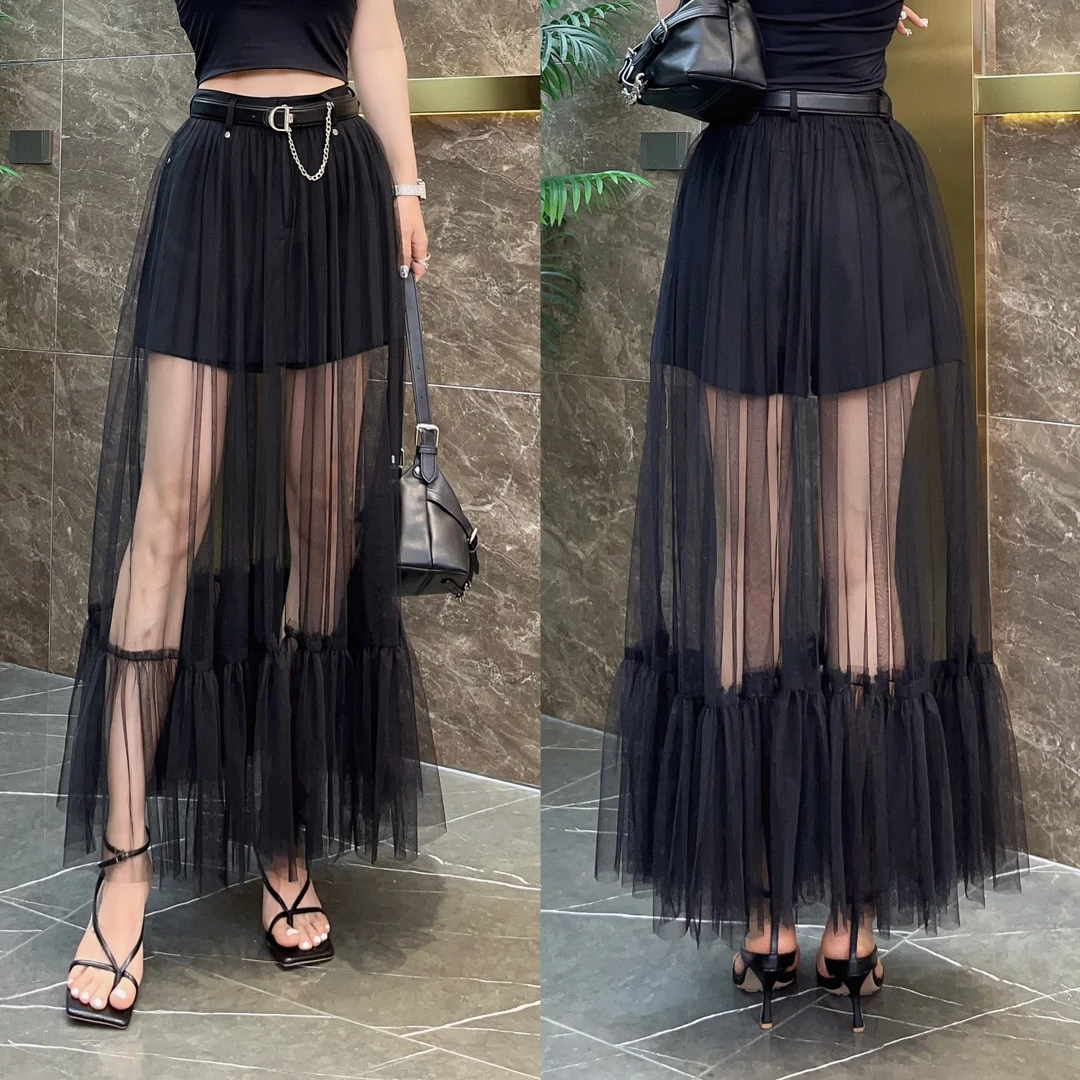 夏季拼接黑色网纱半身裙2172