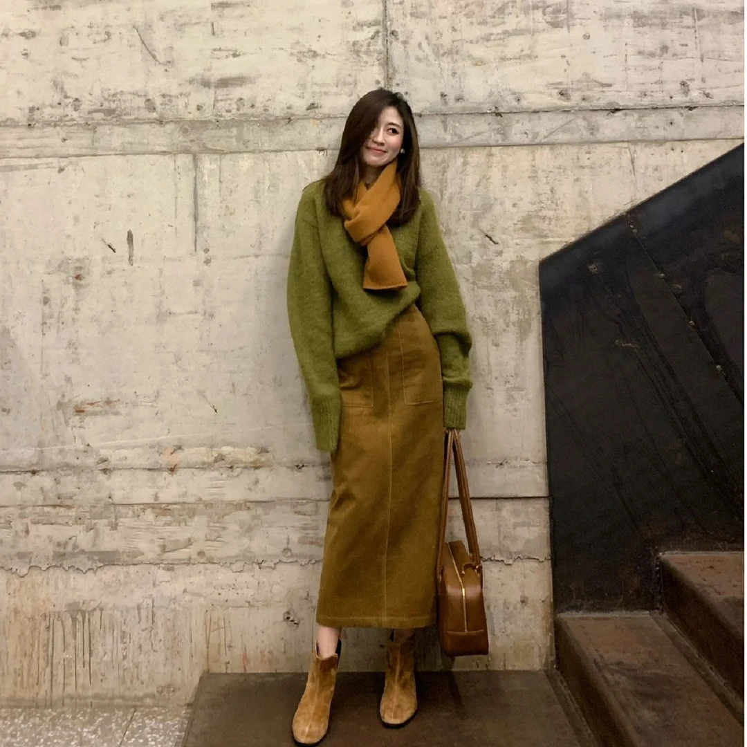 【深秋冬装】复古绿色毛衣上衣女慵懒风时尚韩版穿搭包臀气质半身裙