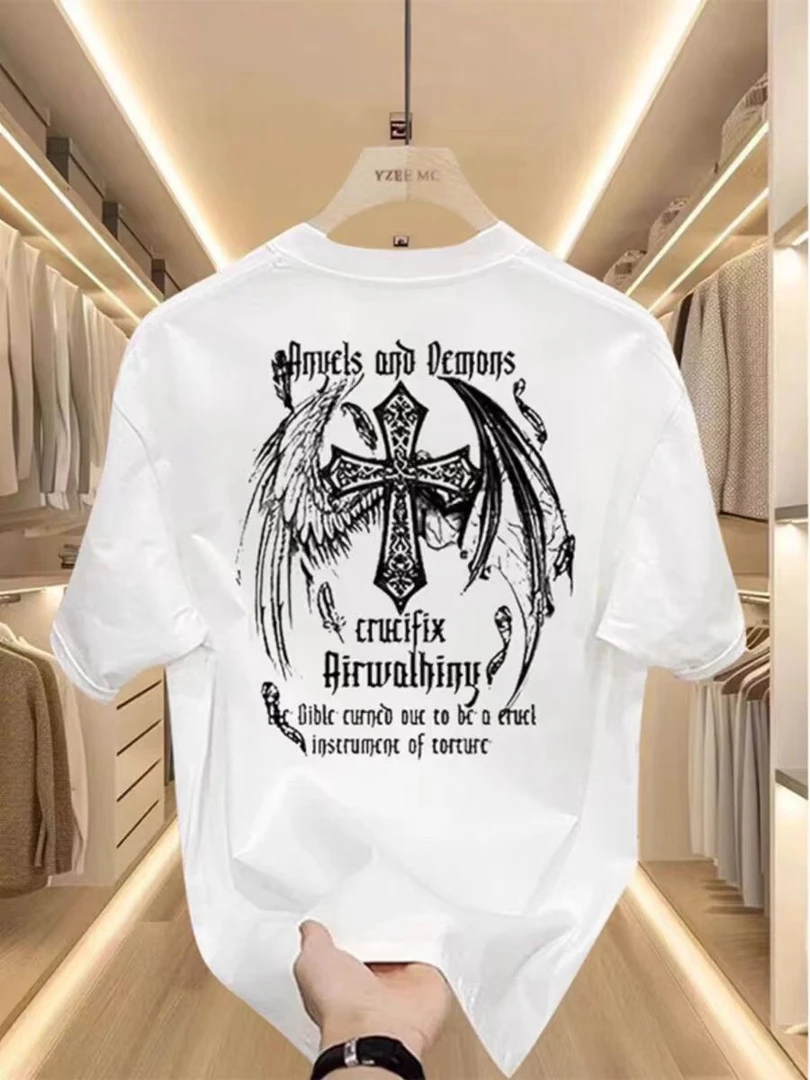 短袖夏季美式高品质纯棉男装上衣ins圆领宽松百搭印花T恤潮牌废土