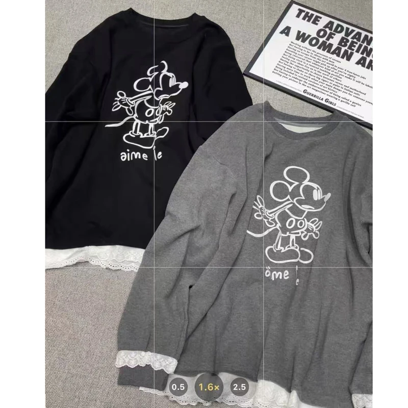 米奇印花蕾丝拼接磨毛长袖T恤女2025冬新款显瘦加厚上衣 0661