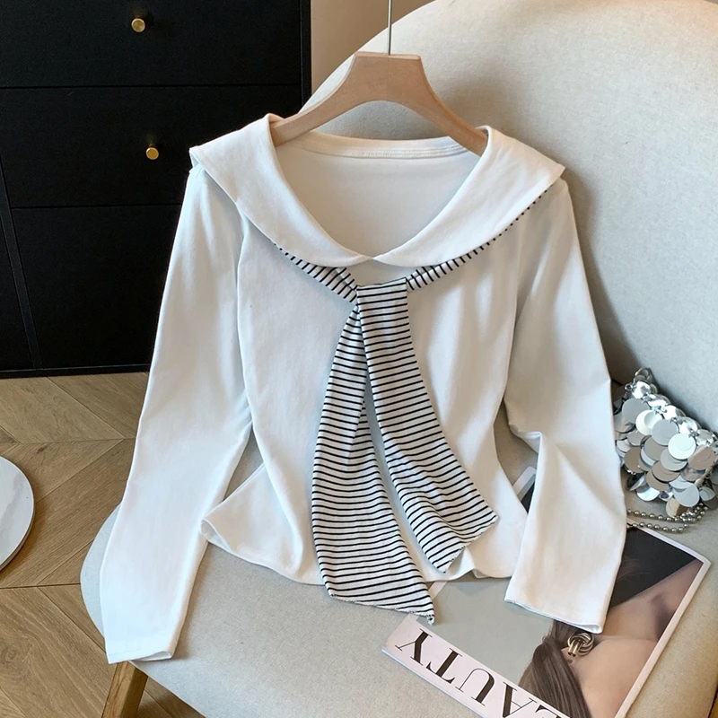 韩版海军领披肩针织衫女2025秋季新款小个子洋气减龄长袖T恤上衣