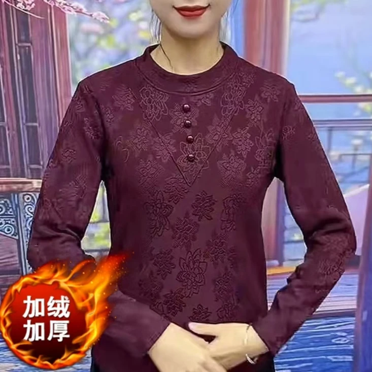 提花加绒加厚半高领打底衫冬季新款妈妈装保暖长袖上衣网红爆款