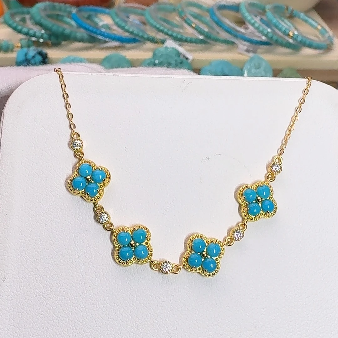 绿松石未镶嵌珠宝奇石精致高瓷蓝四叶草手链