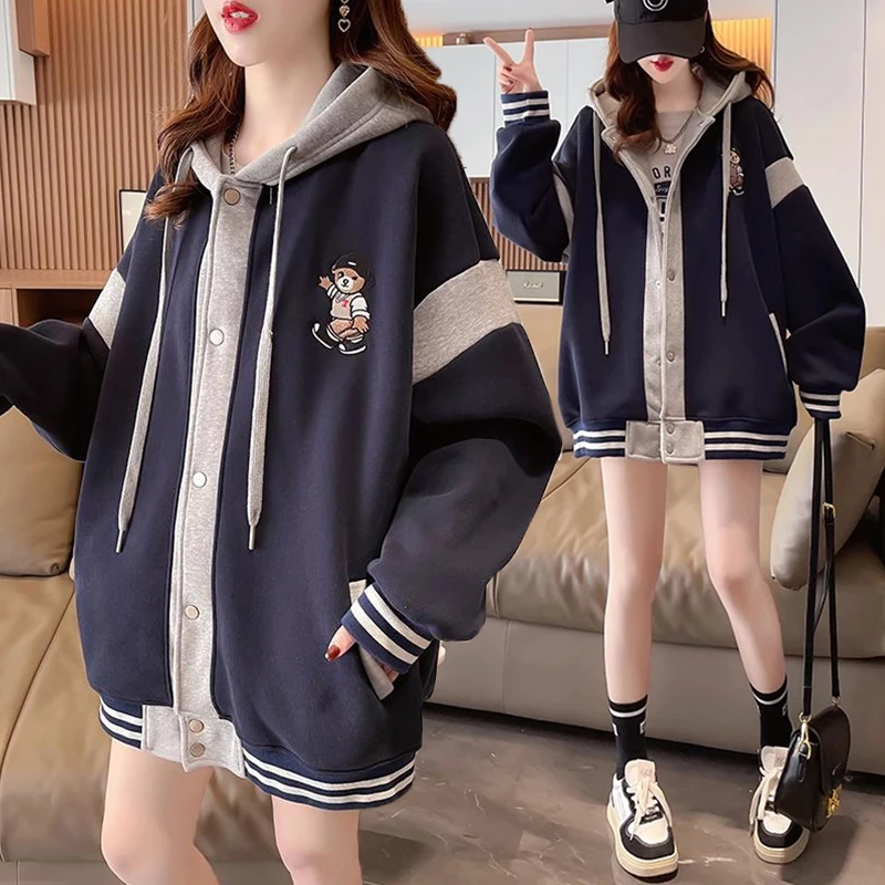 拼色连帽设计感棒球服外套女秋冬季新款韩版宽松大码休闲开衫卫衣
