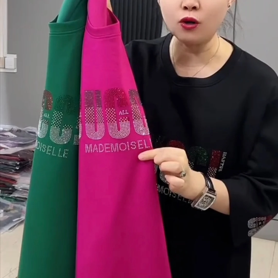 365//大码新款圆领字母钻半袖上衣