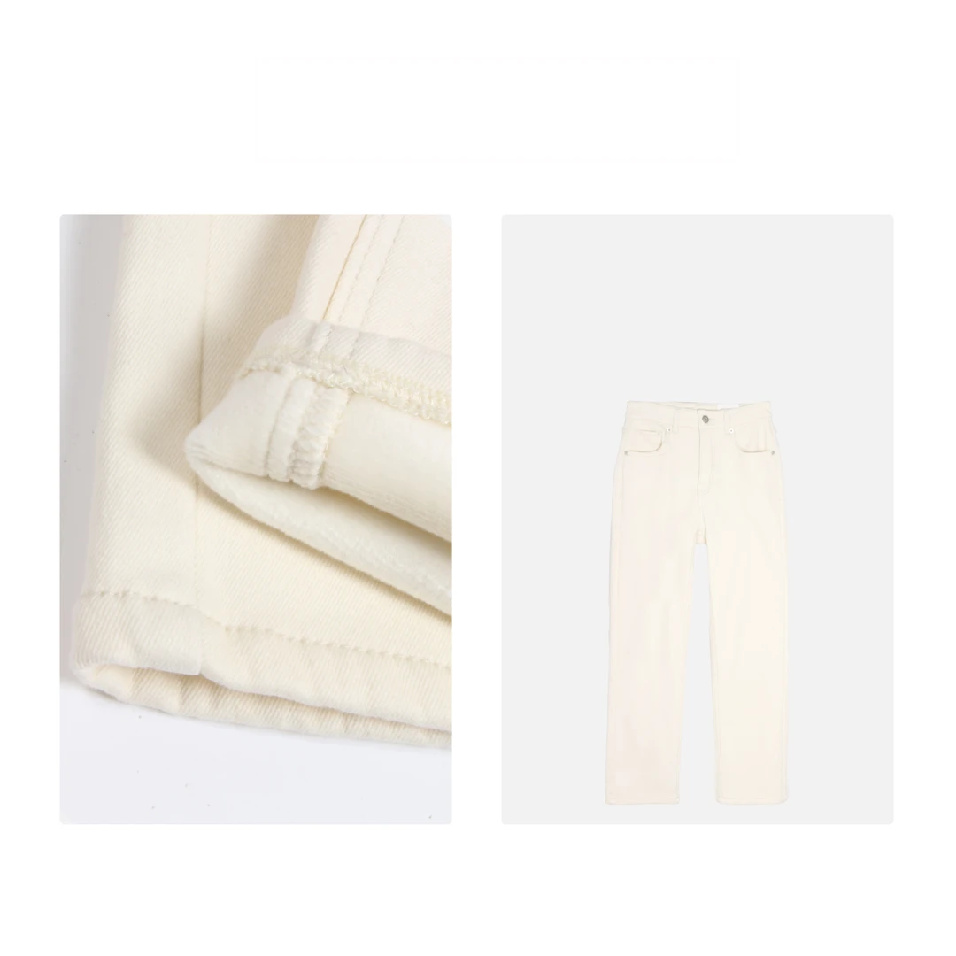 凯特丝蓓1049#米白色加绒牛仔裤女款显瘦老爹锥形裤高腰弹力