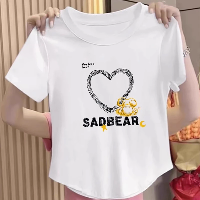 女童纯棉短袖t恤短款夏季中大儿童韩版高腰网红炸街弧形下摆上衣