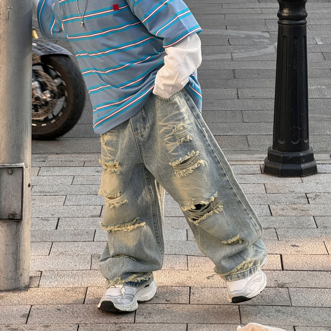 男童牛仔裤2025春季男孩韩版帅气破洞裤子中小童直筒宽松阔腿裤