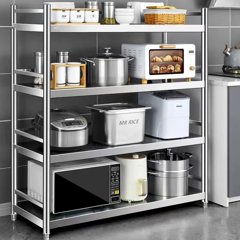 【4层带围栏不锈钢】厨房置物架落地式微波炉烤箱收纳架子家用货架