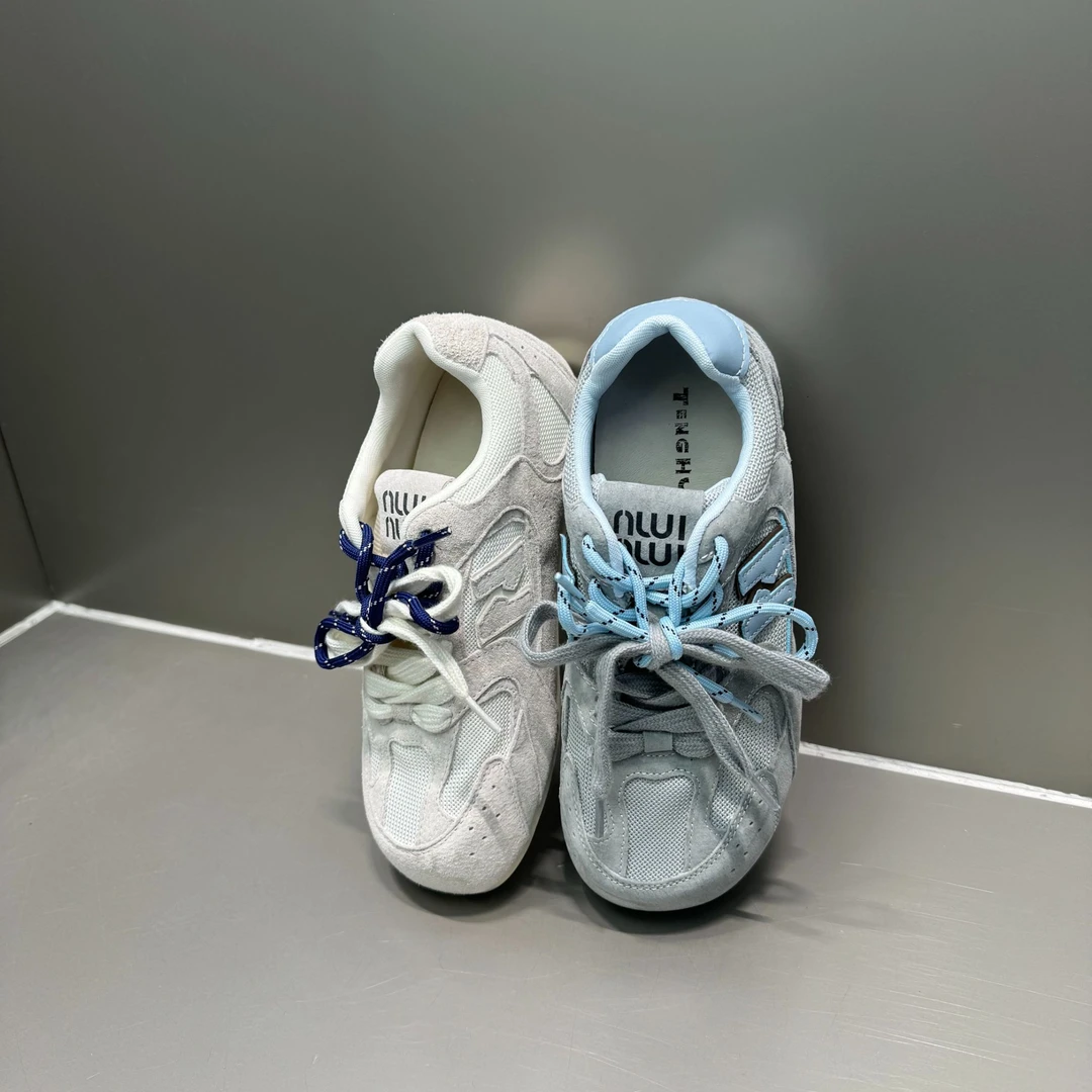 THE MIL麋鹿 真皮网面拼接德训鞋女25夏新款系带平底运动休闲板鞋