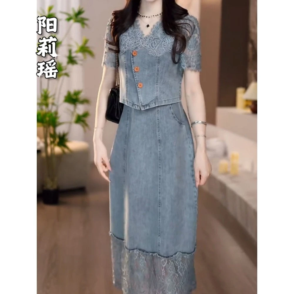 绝美蕾丝拼接牛仔两件套裙女2025新款夏季流行爆款短袖半身裙套装