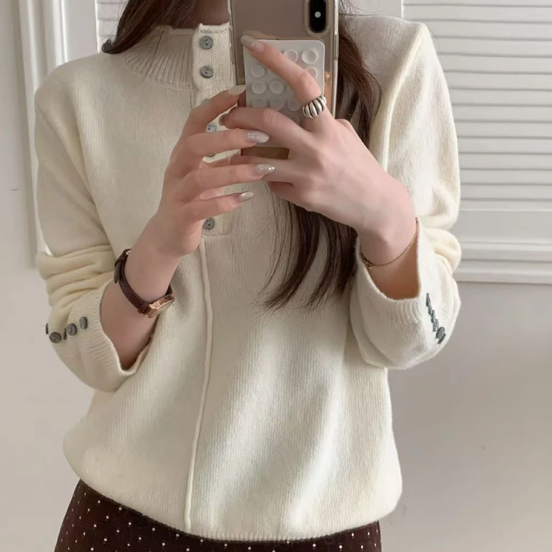Naonao～多扣立领宽松百搭秋冬纯色半高领纽扣毛衣长袖针织毛衣