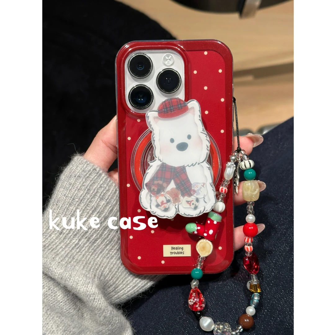 【适用苹果】ins新年红波点西高地双层亮面磁吸双层手机壳iPhone16