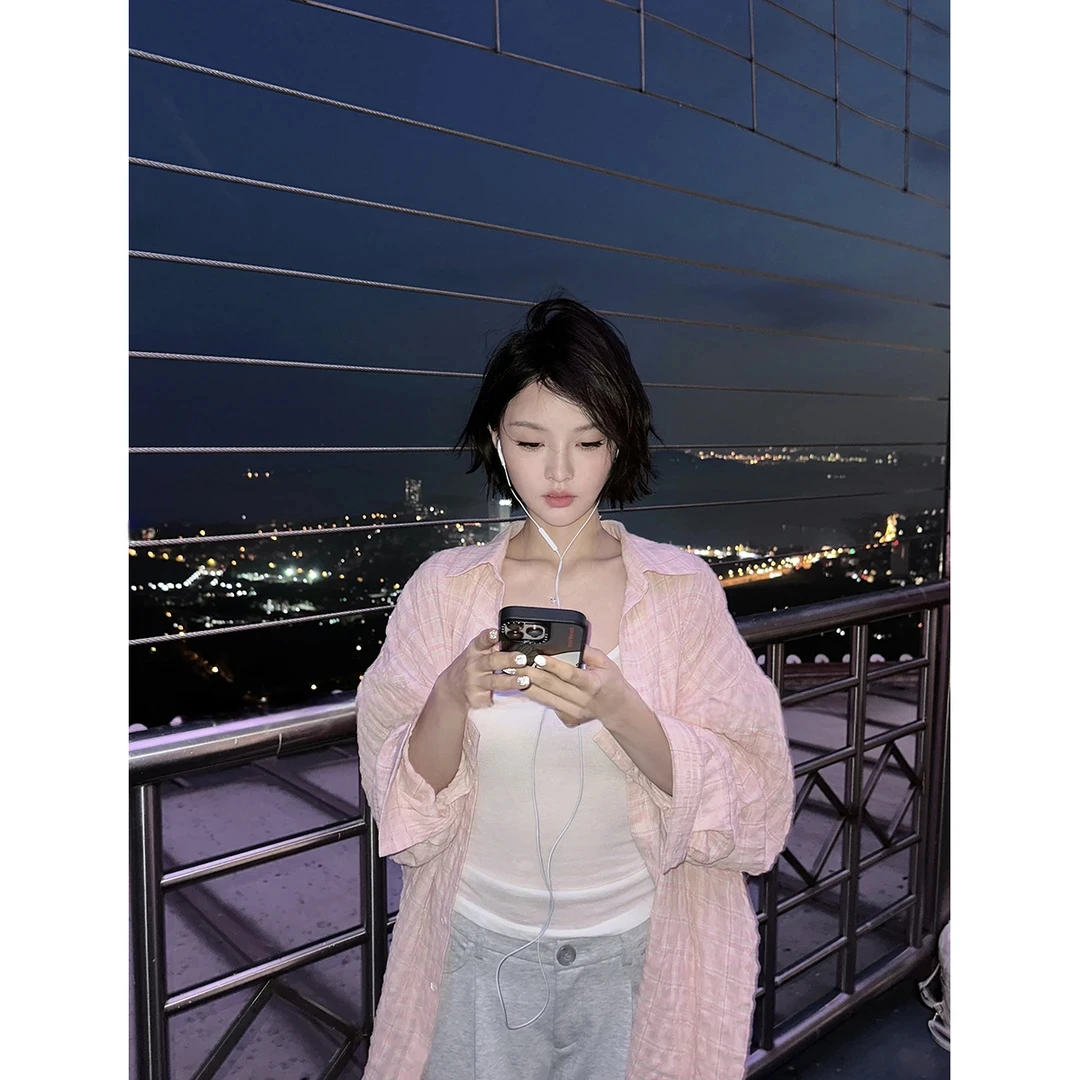 彩格衬衫 棉威尔士格纹泡泡皱衬衫