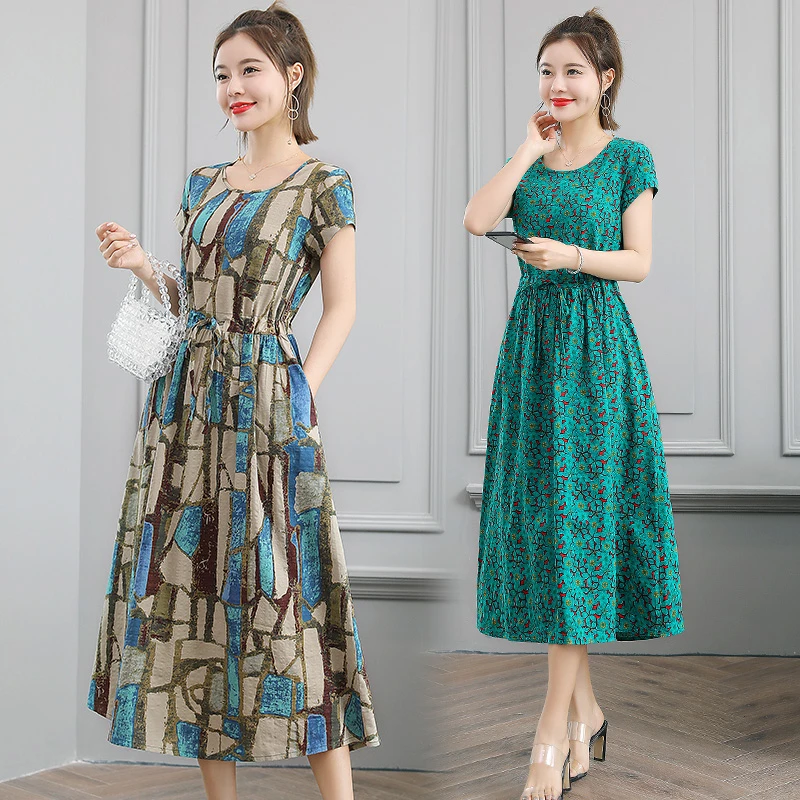 花色连衣裙2022年夏季图案长袖时尚圆领棉麻连衣裙