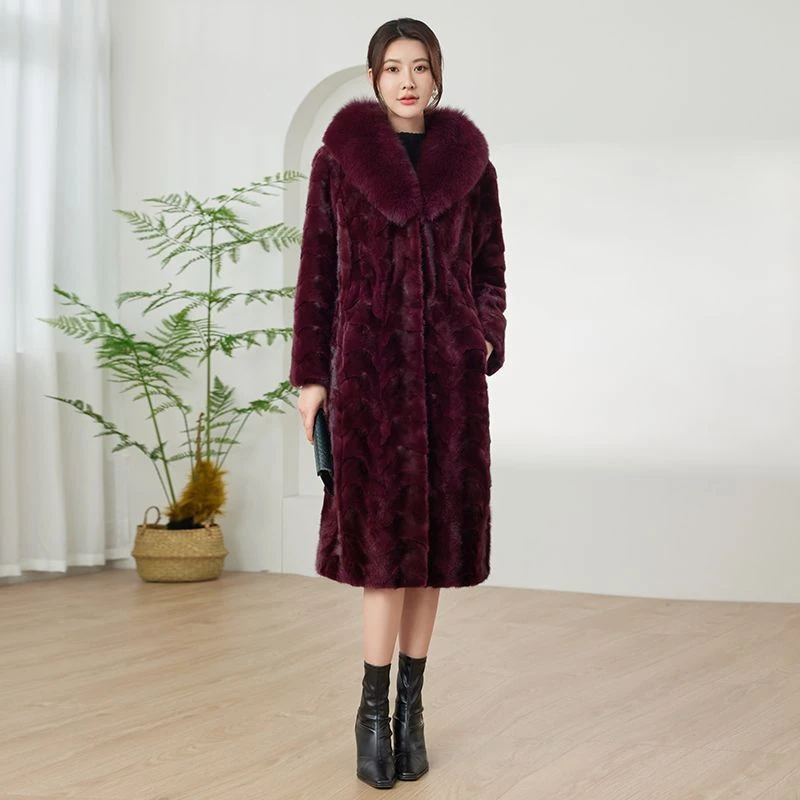 海宁皮草貂皮大衣女2024新款冬季狐狸毛领中年妈妈装水貂中长外套