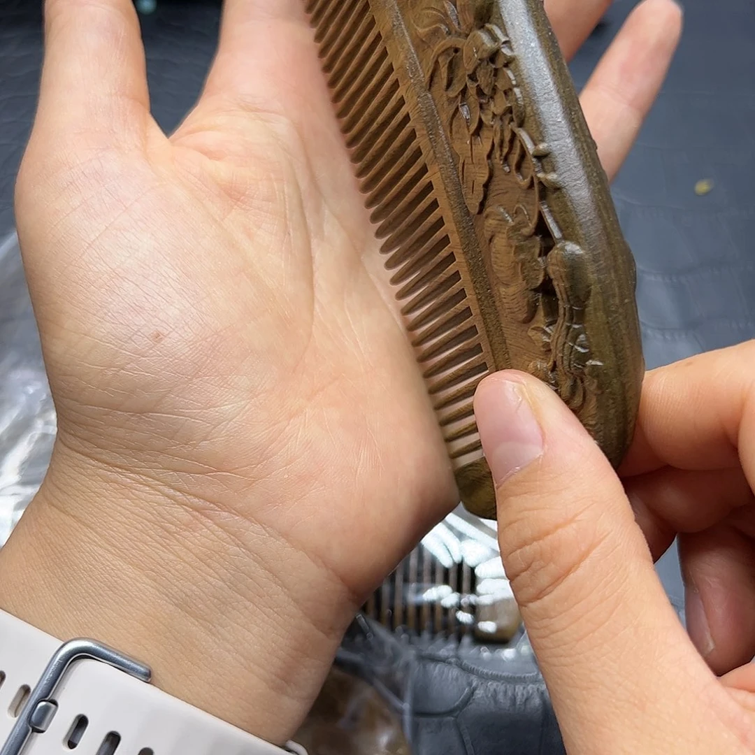 烟晶手链银S925镶嵌绿檀雕刻梳子直梳