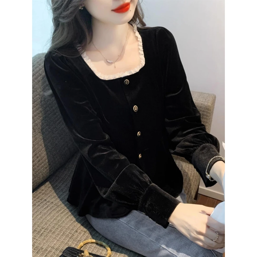 秋季上衣法式方领长袖金丝绒衬衫女蕾丝拼接遮肉衣服洋气外穿衬衣