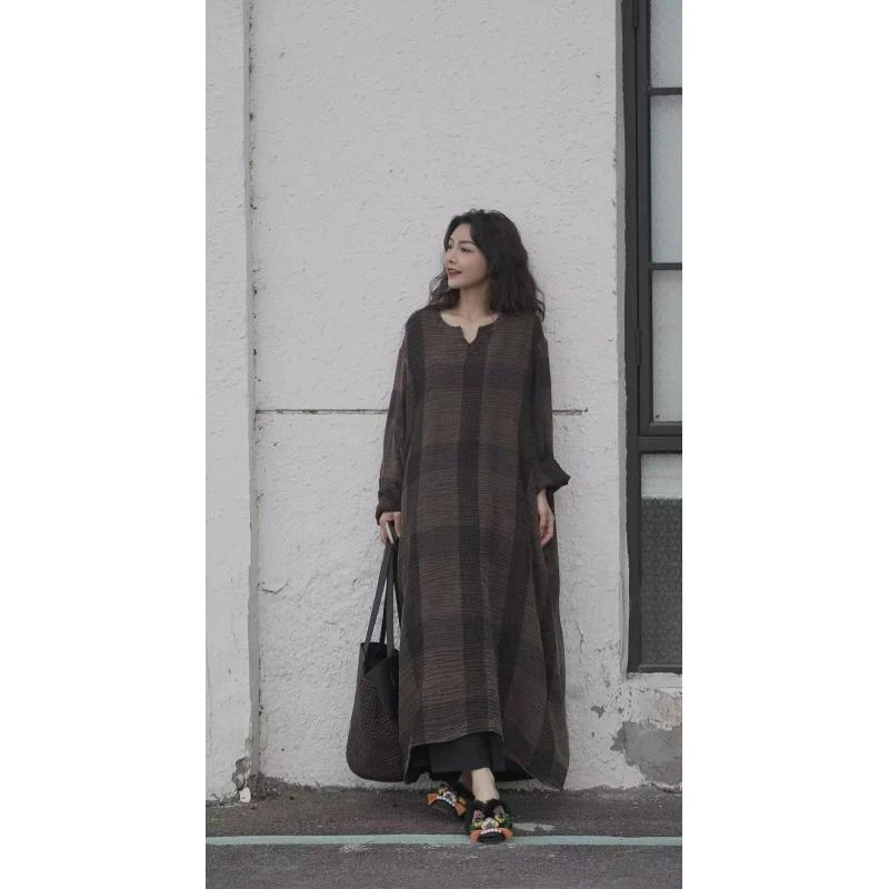 春-原创设计25-110【雾青】亚麻休闲百搭格纹中长款大袍子