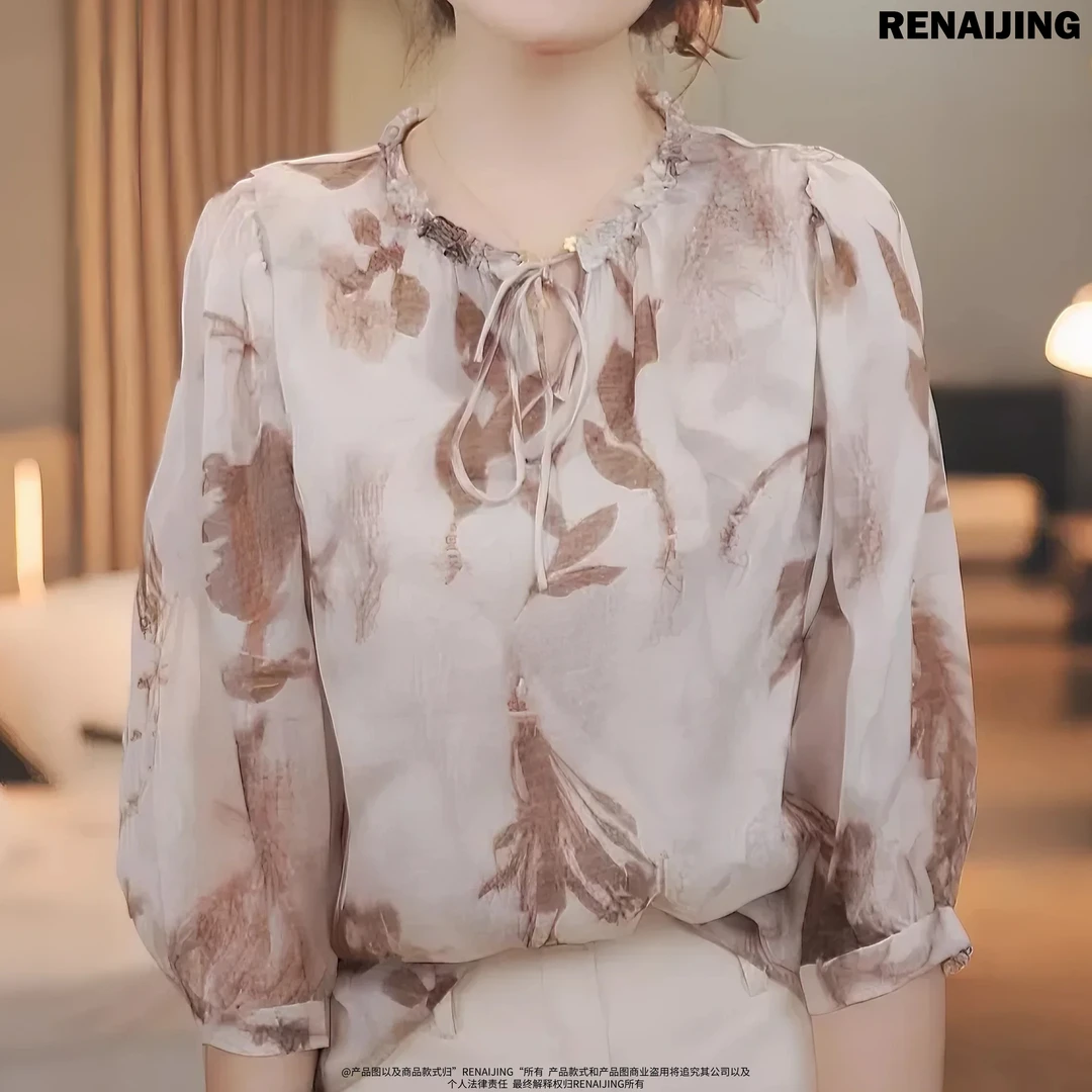 RENAIJING【绾桑】100纯桑蚕丝夏季水墨印花圆领七分袖系带百搭女