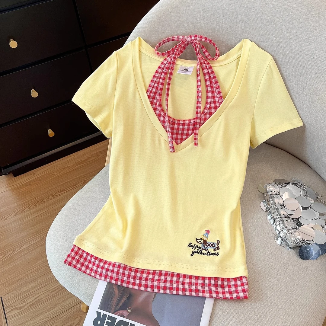 纯欲新款嫩黄拼红格女装挂脖款假两件修身上衣女正肩短袖t恤小众