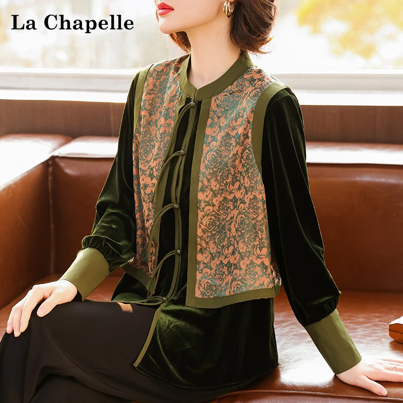拉夏贝尔中老年女秋装外套金丝绒小衫妈妈春秋新中式衬衫长袖上衣