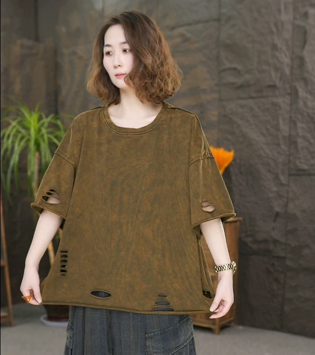 复古炒色做旧纯棉舒适破洞百搭舒适短袖T女