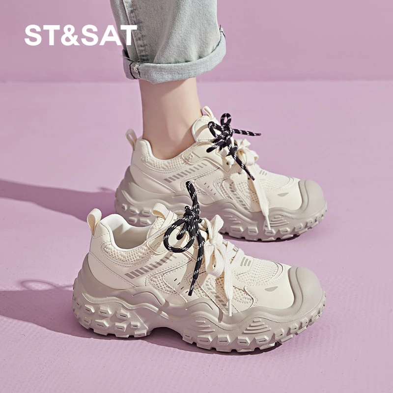 星期六2025春季新款老爹鞋女厚底增高轻便透气舒适网面运动鞋显高