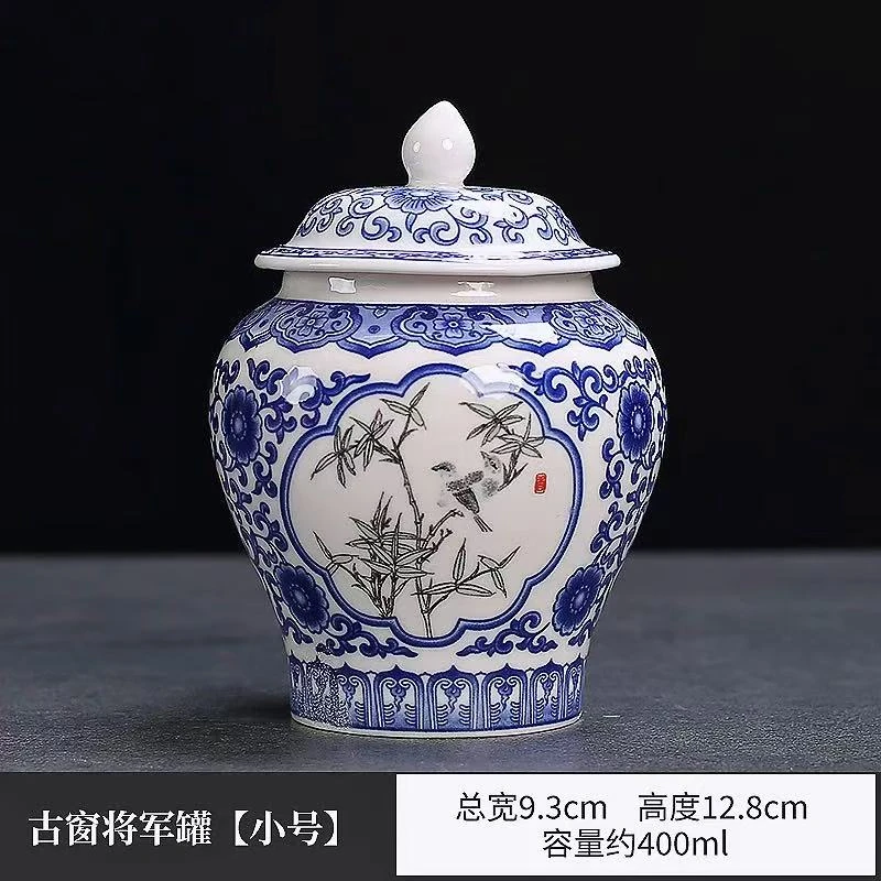 开窗花喜鹊将军罐青花缠枝莲陶瓷密封茶叶罐无纺布密封将军罐C820